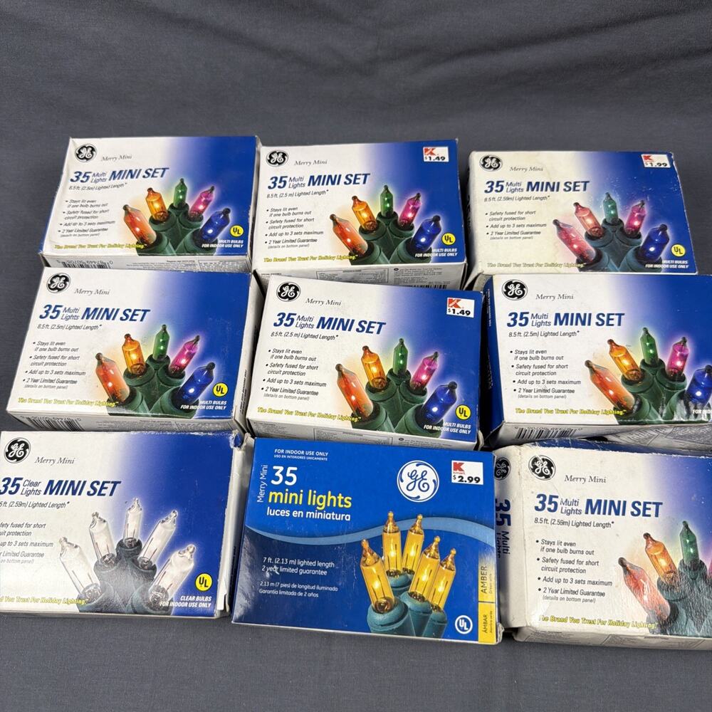 Lot Of 9 GE Merry Mini 35 String Lights, 8.5 Ft. each Multi Clear Amber